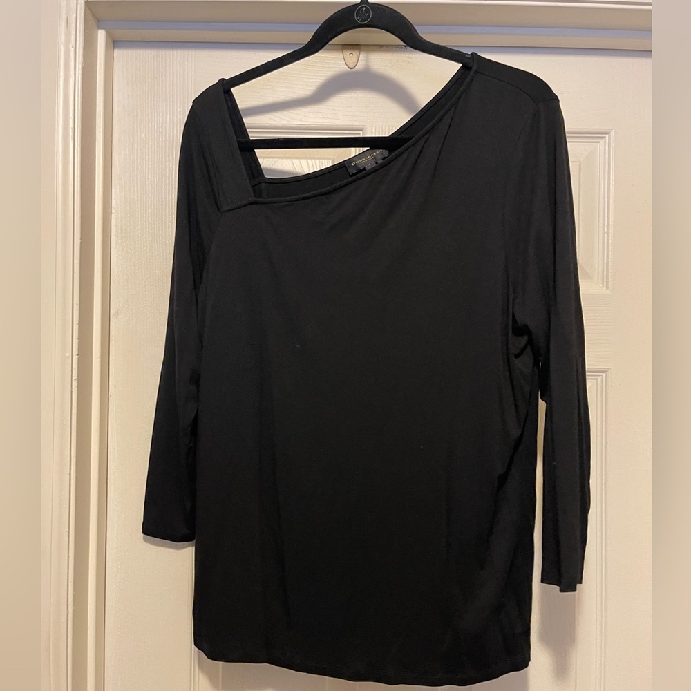 Donna Karan Black Long Sleeve Asymmetric Neck Tee